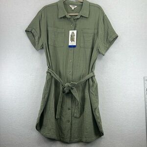 Weatherproof Vintage Gauze Dress Sz L Green Button Front Belted Short Sleeve NWT